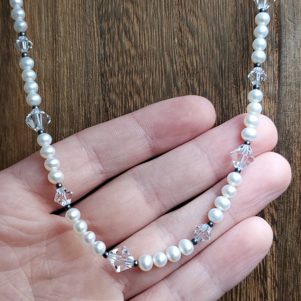 16 Inch Sterling Silver Clear Crystals And Real Pearls Necklace